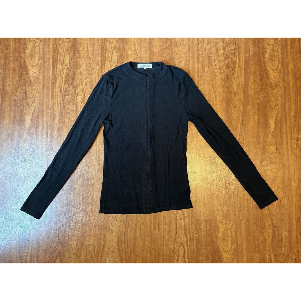 Joah Brown Invisible Zip Up Long Sleeve Shirt Top Ribbed Knit Black Size S/M
